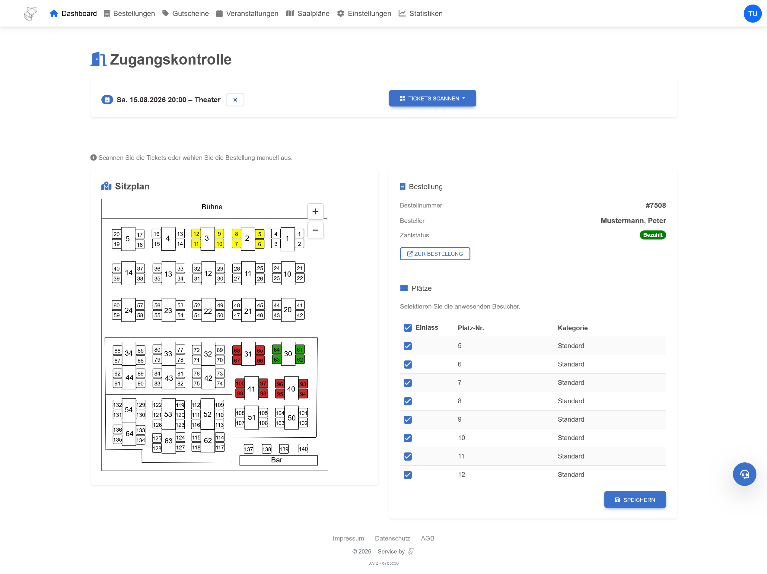 Ticketfox Zugangskontrolle – Sitzplan mit Einlassstatus