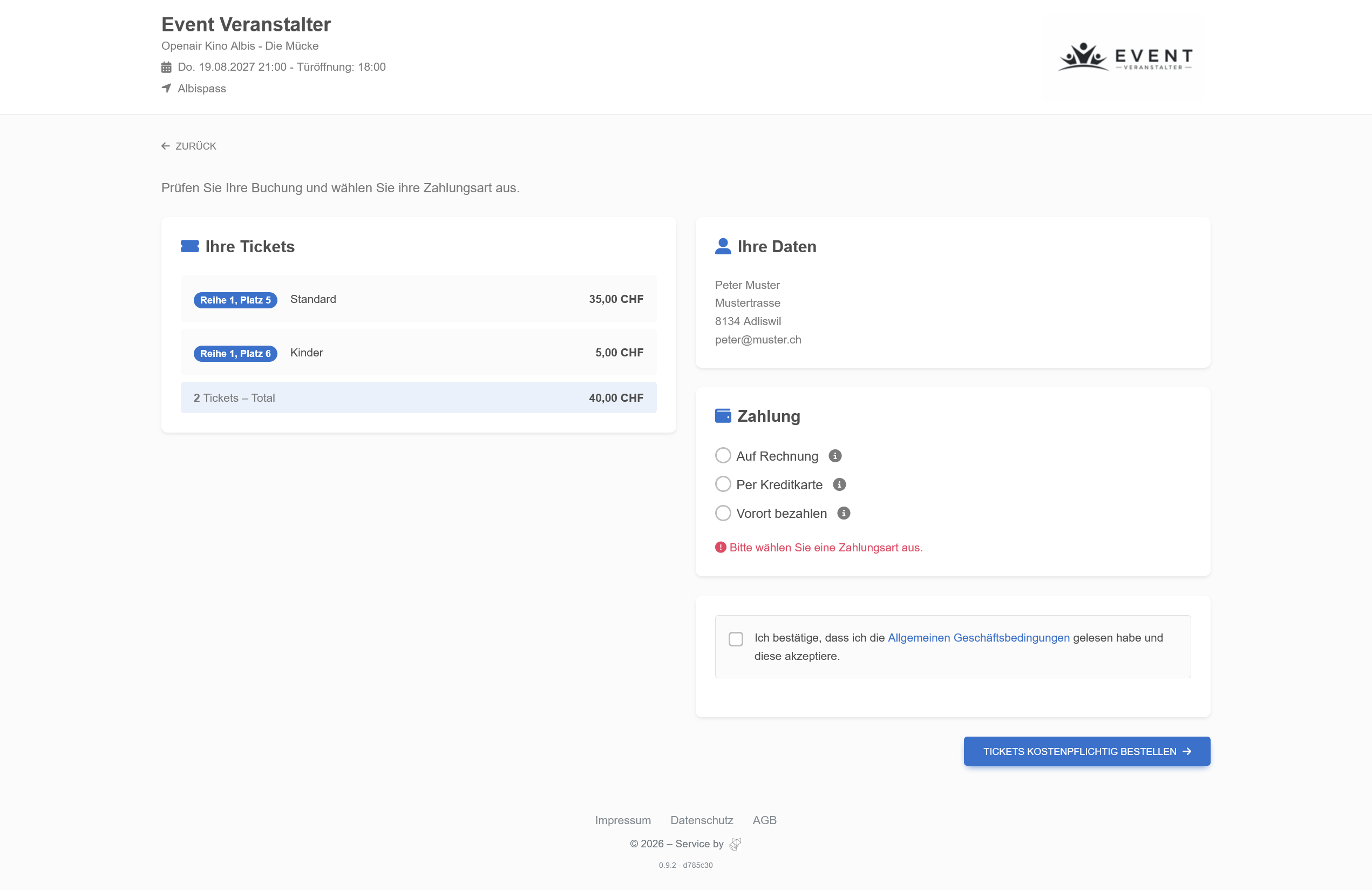 Ticketfox Checkout – Bestelldaten & Zahlungsart